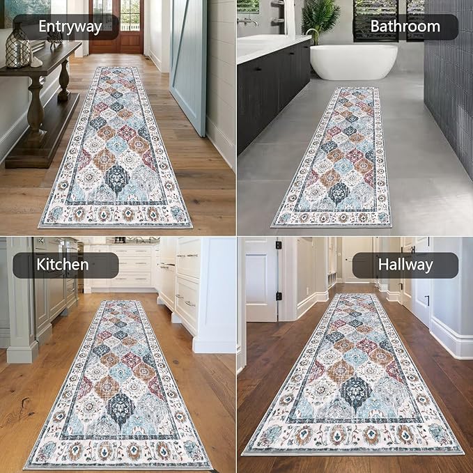 HEBE Hallway Runner Rug 2'8"x8' Washable Vintage Distressed Area Rugs Non Slip Laundry Rug Runner Boho Floor Carpet Runners for Hallways Entryway Laundry Room Kitchen Bathroom