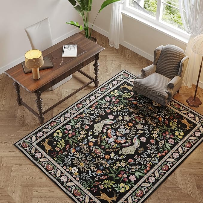 9x12 Area Rugs for Living Room Washable Rug Floral Non-Slip Large Rug for Living Room, Bedroom, Farmhouse, Dining Room, Kids Playroom (Vibrant Black)