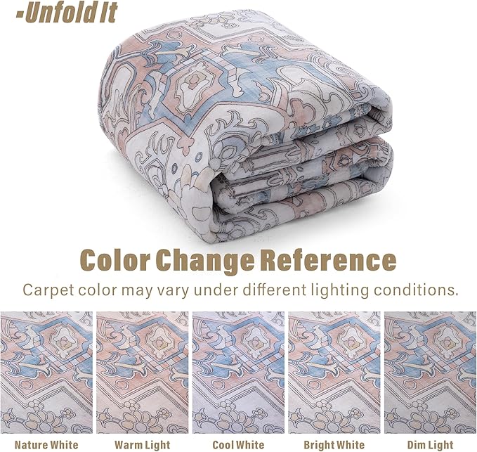 Carvapet Rugs for Living Room, Vintage Low Pile Large Carpet with Rubber Backing, Foldable, Non Slip Machine Washable (9 x 6 Feet Rectangular, Orange/Blue Area Rug)