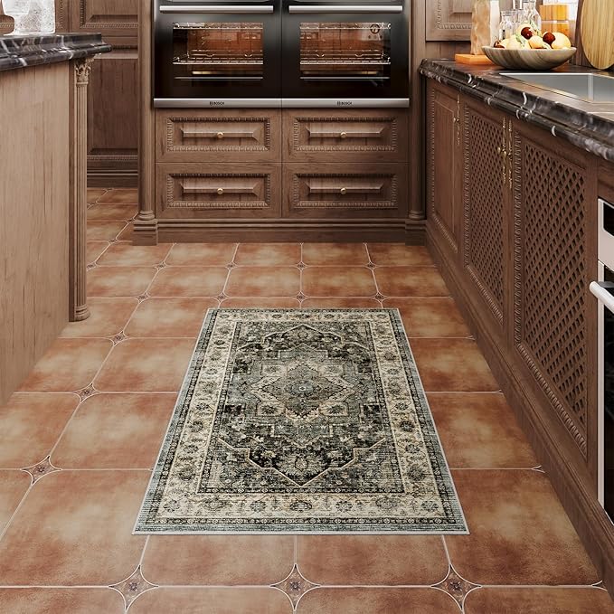 Dripex 2x3 Area Rugs, Machine Washable Non Slip Boho Rugs,Distressed Small Entryway Rug Doormat, 0.24" Low Pile Vintage Rug, Floor Carpet for Front Entrance Kitchen Bathroom,Dark Blue and Green