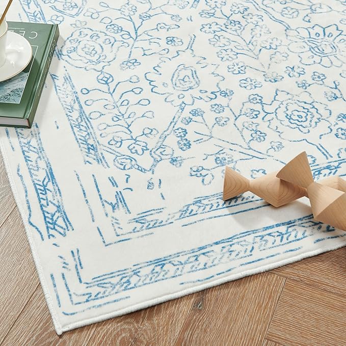 jinchan Hallway Runner Rug 2x5 Washable Kitchen Flora Faux Wool Non-Slip with Rubber Backing Soft Thin Vintage Carpet Runner for Bedroom Bathroom Laundry Room Living Room (2x5ft,Blue)