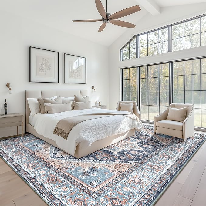 BESTSWEETIE Area Rugs 9x12 Rug for Living Room, Washable Rugs 9x12, Non Slip Water Repellent Floor Carpet, Low Pile Soft Vintage Rug for Bedroom Dining Room Indoor-Navy Blue/Light Blue/Natural/Brick