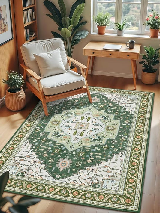 4x6 Green White Area Rug for Living Room, Machine Washable Rugs with Non-Slip Backing for Bedroom, Vintage Medallion Carpet Kitchen Laundry Kids Room Decor