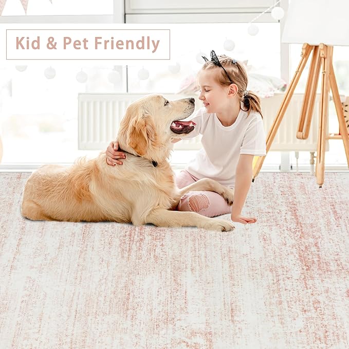 Washable Rugs 5x7 Area Rugs for Living Room,Bedroom,Dining Room- Ultra Soft Faux Wool Nursery Rug for Baby Girl,Neutral Light Pink Low Pile Vintage Carpets for Dorm Kids Playroom,Non Slip