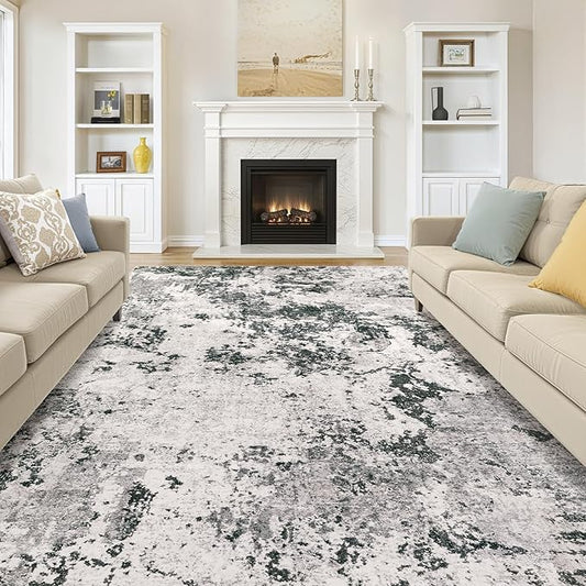 Area Rugs for Living Room: 9x12 Abstract Washable Rug Large Soft Stain Resistant Non-Slip Backing for Bedroom Dining Room Indoor Home Office Carpet for Kids Pet Friendly Families - Dark Grey
