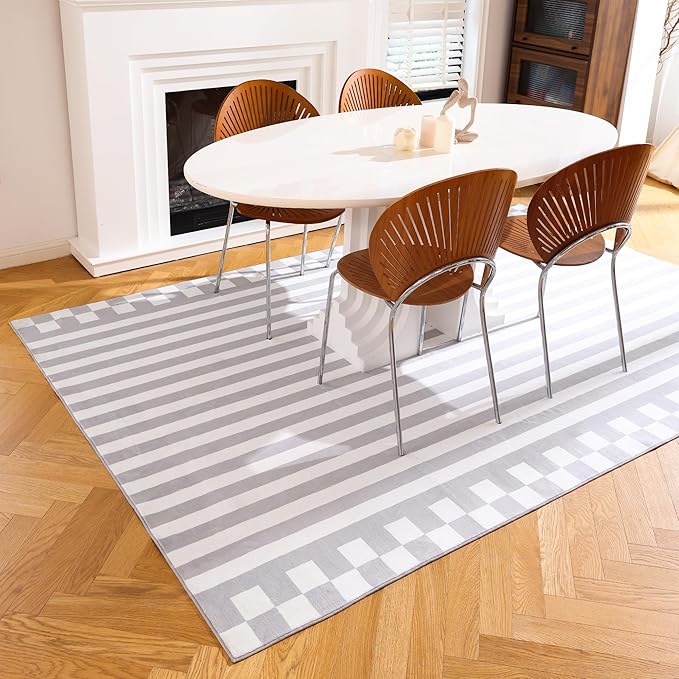 Carvapet Gray Rugs for Living Room Bedroom, Striped Low Pile Modern Carpet with Rubber Backing, Foldable, Non Slip Machine Washable (6 x 4 Feet Rectangular, Grey Area Rug)