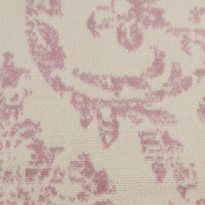Nourison Jubilant Damask Ivory/Pink 8' x Round Area Rug, Easy Clean, Non Shedding, Bed Room, Living Room, Dining Room, Kitchen (8 Round)