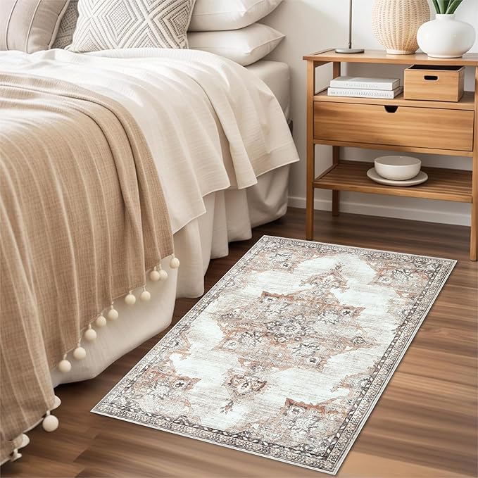 2x3 Rug Entryway Rugs: Washable Boho Vintage Small Rug Indoor Medallion Soft Non Slip Ultra Thin Non-Shedding Front Door Mat for Kitchen Bedroom (Brown, 2' x 3')