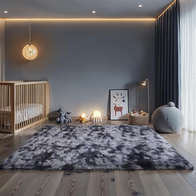 3x5 Dark Grey Fluffy Shag Rug for Bedroom, Soft Plush Fuzzy Washable Floor Non Slip Small Carpet for Living Room, Modern Comfy Furry Shaggy Area Rugs for Kids Baby Nursery Dorm, Tie-Dye Gray