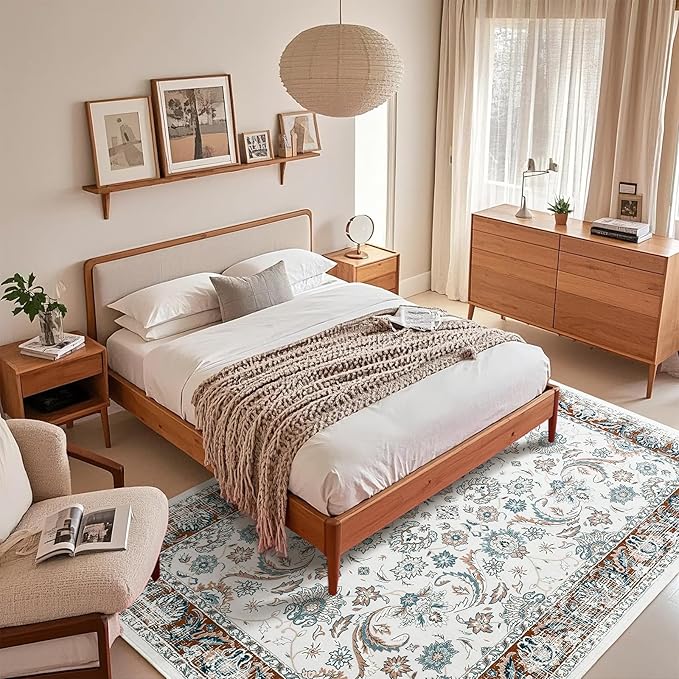 Area Rugs for Living Room, 4x6 Washable Rugs for Bedroom, Non-Slip Floral Carpet for Entryway Office Kitchen Dining Room, Brown and White