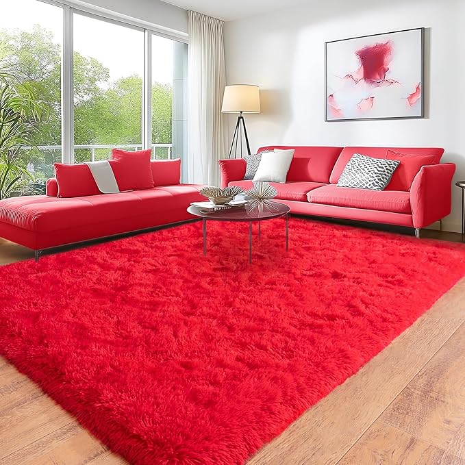 8x10 Red Rugs for Living Room Bedroom, Soft Plush Shaggy Area Rugs Fluffy Modern Non-Slip Floor Carpet for Kids Girls Room Dorm Nursery Home Decor Aesthetic