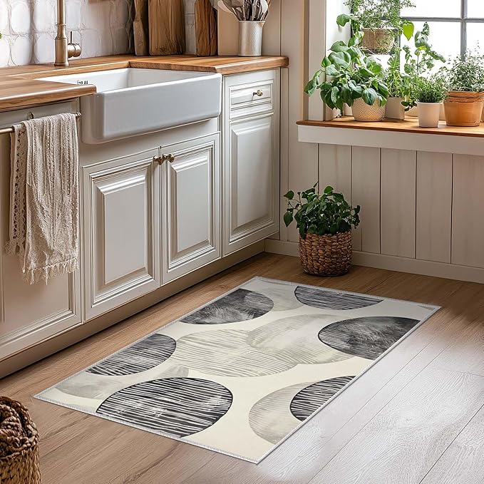 2x3 Entryway Rug Abstract Minimalist Black Beige Circle Neutral Area Rug Ultra-Thin Small Carpet Bathroom Non Slip Indoor Entrance Low Pile Door Mat Kitchen Stain Resistant Washable