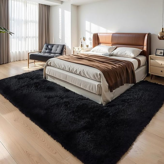 Thick Area Rug Black Fluffy Shag 6x9 for Bedroom, Ultra Soft Plush Shaggy Fuzzy Washable Carpet, Modern Thickened Non-Slip Cozy Furry Rug for Living Room Kids Baby Nursery, and Dorm