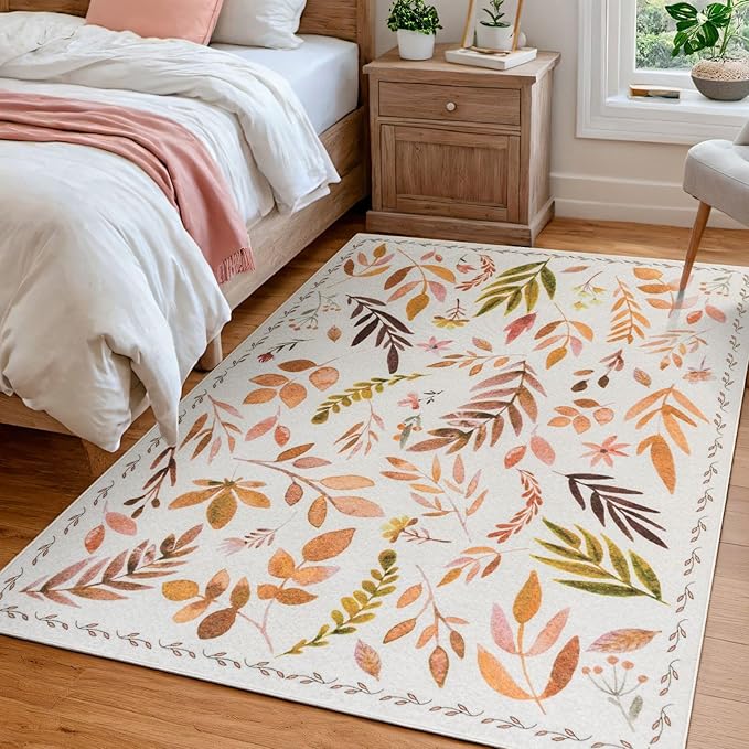 Syalife 3x5 Area Rugs, Non Slip Washable Low Pile Rugs for Living Room, Kitchen, Hallway, Bedroom Bedside, Kids Room, College Dorm (Orange Leafy, 3'x5')