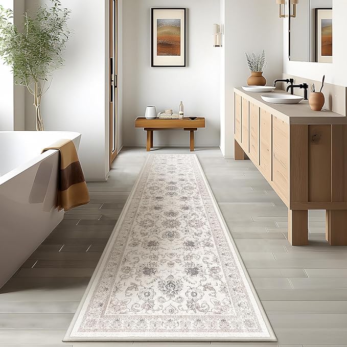 Phantoscope Hallway Runner Rug 2'x8' - Boho Washable Non-Slip Kitchen Rug Runner, Ultra-Thin Vintage Distressed Accent Throw Rug for Entryway Laundry Bathroom Bedroom, Beige/Neutral