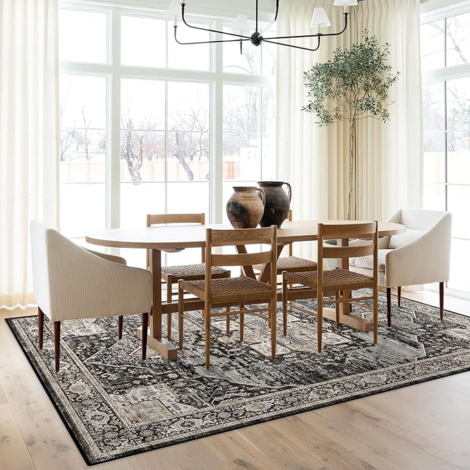 Washable 4x6 Area Rugs - Soft Area Rug for Living Room Stain Resistant Carpet Vintage Indoor Ultra-Thin Rugs for Bedroom Kitchen entryway with Non Slip Backing Home Decor Small Mat 4X6 Black