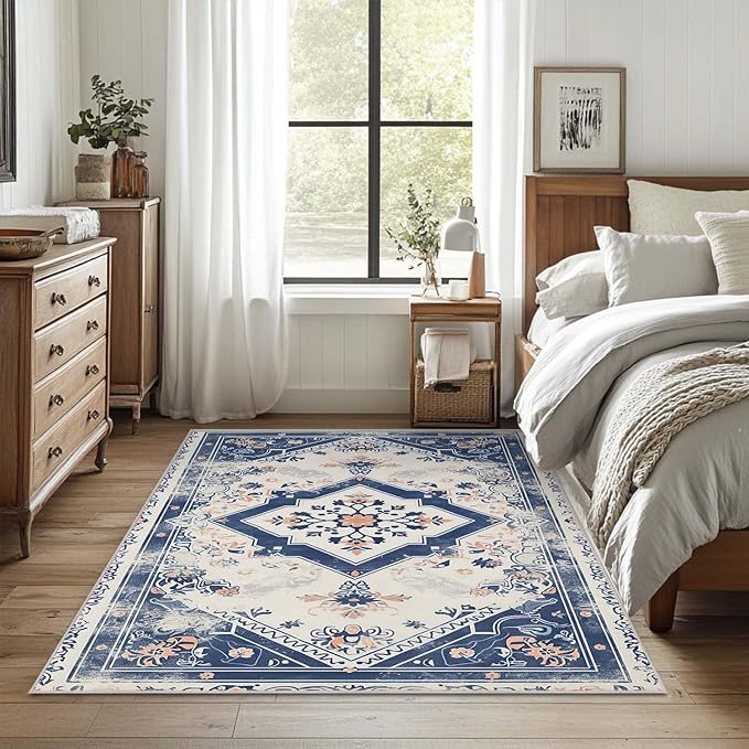 4x6 Rug Vintage Oriental Navy Blue Boho Beige Area Rug Bedroom Thin Low Pile Large Carpet Living Room Non Slip Dining Room Office Stain Resistant Washable Machine