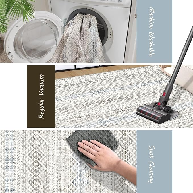 8'x10' Machine Washable Vintage Design Area Rug - Non Slip, Stain Resistant for Home, Office, Machine Washable Area Rugs 8x10 for Living Room (Grey Blue Cream 8x10)