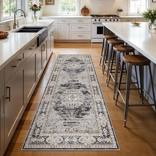 3x8 Runner Rug for Hallway Washable: Non Slip Kitchen Rugs with Rubber Backing Soft Waterproof Mats Stain Resistant Indoor Vintage Carpet Runner for Bedroom Bathroom Laundry Entryway Black/Gray