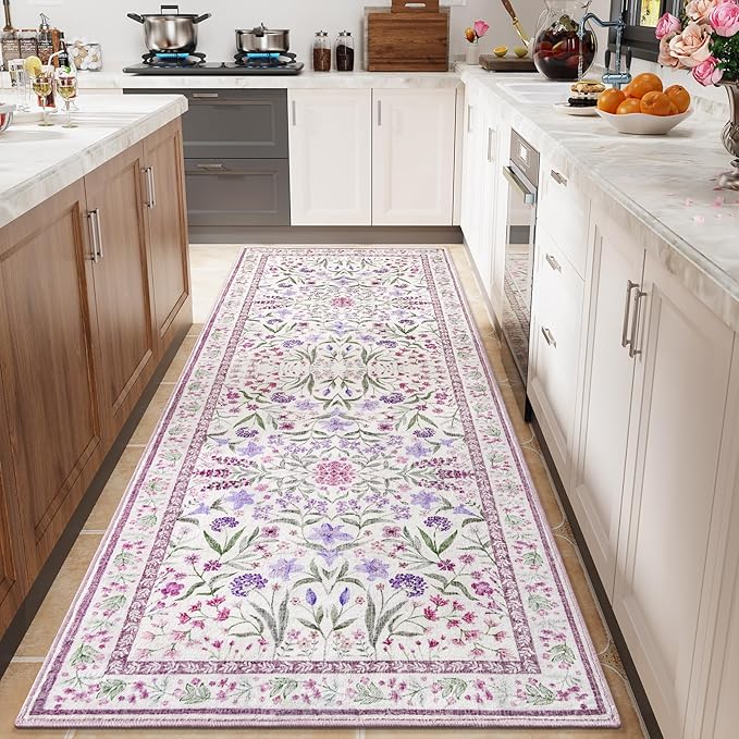 Amearea Purple Runner Rugs for Hallway, 2x6 Feet Area Rugs for Bedroom Girls, Washable Floral Collection Bedside Rugs Low Pile Print Carpet, Kids Room Entrance Kitchen Living Room Decor