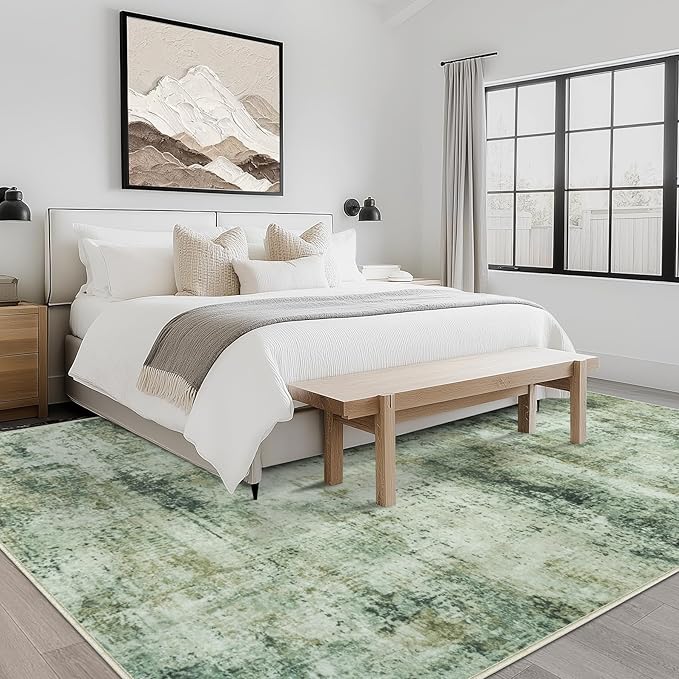 Washable Rug 6x9 Area Rugs: Soft Large Living Room Rug with Anti-Slip Backing Non-Shedding Stain-Resistant Modern Abstract Carpet for Bedroom Dining Room Nursery Home Office Green Brown