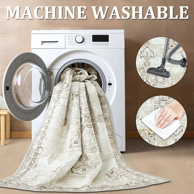 2x3 Rug Entryway Rugs: Washable Boho Vintage Small Rug Indoor Medallion Soft Non Slip Ultra Thin Non-Shedding Front Door Mat for Kitchen Bedroom (Beige, 2' x 3')
