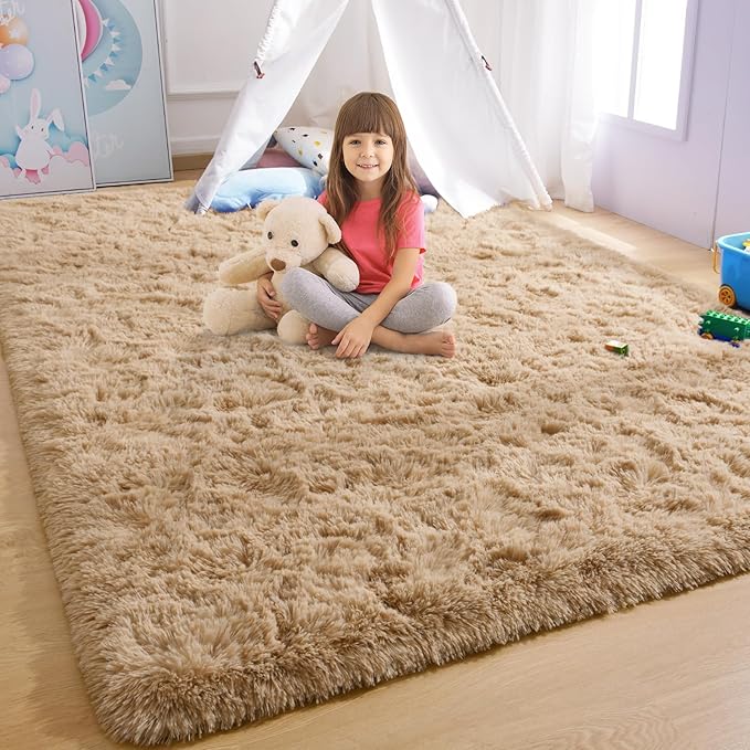 YJ.GWL Area Rugs for Living Room Bedroom, 8x10 Machine Washable Large Beige Carpet, Soft Fluffy Shaggy Thick Big Shag Indoor Floor Rug for Kids Boy and Girls Room Dorm Home Decor Aesthetic