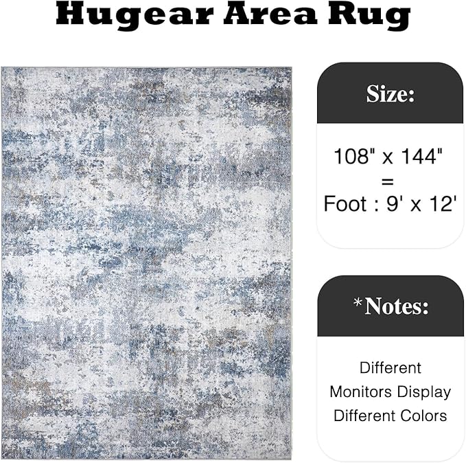 9x12 Washable Rugs Grey Blue Hallway Large Area Rug Indoor Accent Rug Abstract Non Slip Low Pile Carpet Distressed Throw Rug for Bedroom Living Room Office Dining Room Kitchen Laundry Room