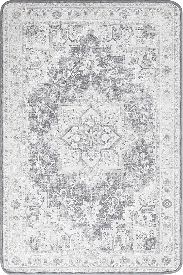 3X5 Area Rugs Machine Washable Rugs for Living Room, Vintage Boho Large Rugs for Bedroom Dining Room, Non Slip Indoor Soft Distressed Lightweight Thin Low Pile Carpet, Grey