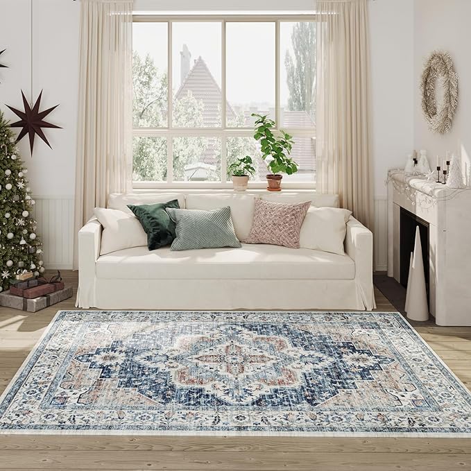 Washable Rugs 4x6, Stain Resistant Lightweight Anti-Skid Rugs for Living Room, Distressed Vintage Boho Rug Floor Carpet Bedroom Dining Room Office