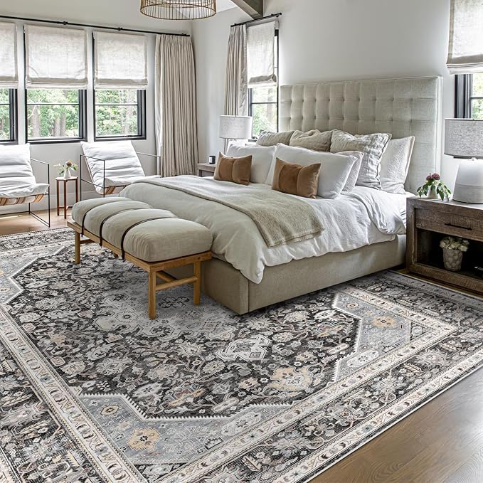 Washable Area Rug 9x12 - Bedroom Living Room Large Indoor Rugs Soft Vintage Oriental Rugs Non-Slip Backing Stain Resistant for Farmhouse Kitchen (Slate Grey/Black 9x12)
