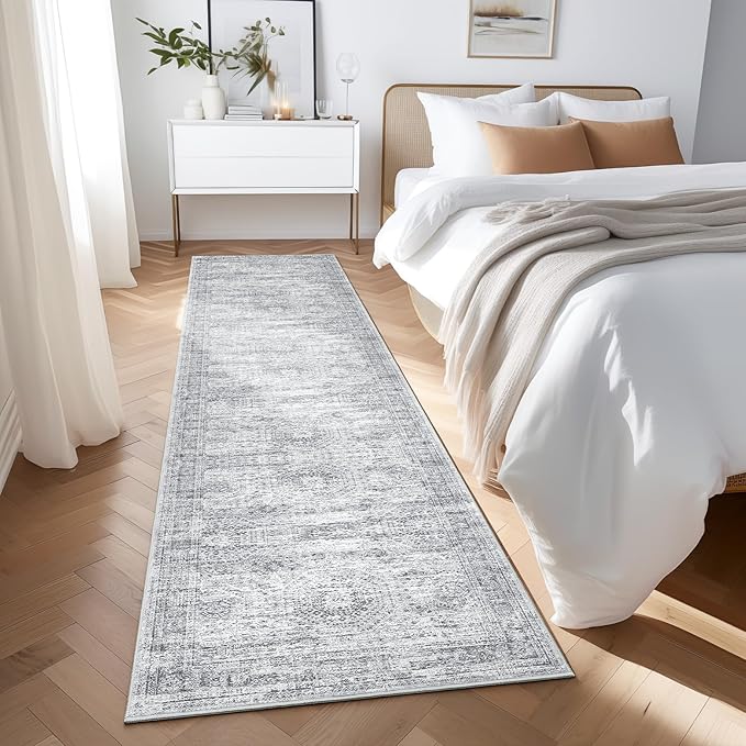 Runner Rug 2'x8' Washable Non-Slip Runner Rugs for Kitchen Bathroom Laundry Room Grey Vintage Floor Carpet Runners for Hallway Entryway