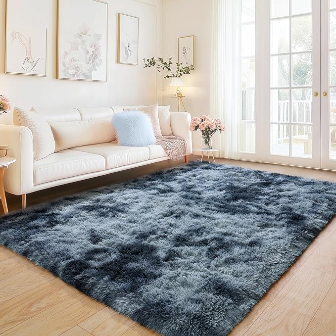 Area Rugs for Bedroom, 4x6 Feet Tie-Dyed Blue Grey Shaggy Fluffy Throw Carpets, Ultra Soft Plush Modern Indoor Fuzzy Rugs for Living Room Kids Nursery Room Dorm Home Decor