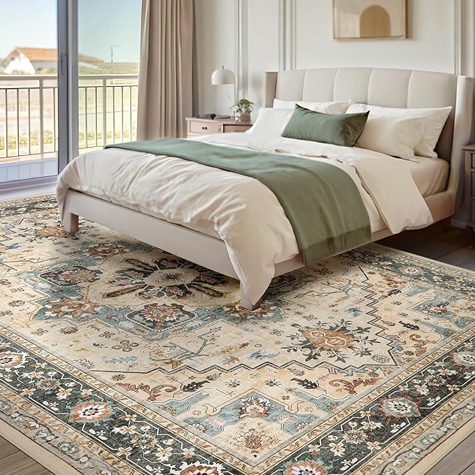 Area Rugs for Living Room 9x12 - Large Machine Washable Vintage Oriental Soft Rug, Low Pile Thin Carpet with Non Slip Backing for Bedroom, Dorm, Under Dining Room Table, Indoor House, Office Decor