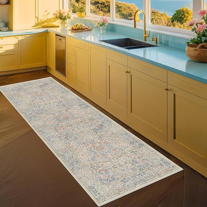 Non Slip Beige Blue Bathroom Runner Rug - Long Runner Rugs 24 x 72 Washable Kitchen Floor Mat, Laundry Room Rug, Hallway Runner - Vintage Design Décor (2x6 Beige Blue)