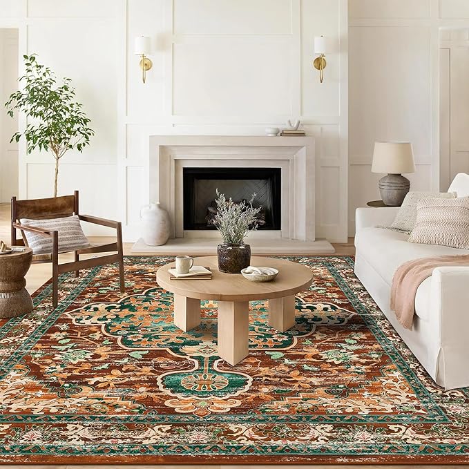 U'Artlines Boho Vintage Area Rug 8x10 Machine Washable Low Pile Ultra-Thin Soft Floor Carpet Non Slip Non Shedding Accent Rug for Living Room Bedroom Entryway Dining Room Office(Rust＆Teal)