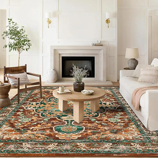 U'Artlines Boho Vintage Area Rug 8x10 Machine Washable Low Pile Ultra-Thin Soft Floor Carpet Non Slip Non Shedding Accent Rug for Living Room Bedroom Entryway Dining Room Office(Rust＆Teal)