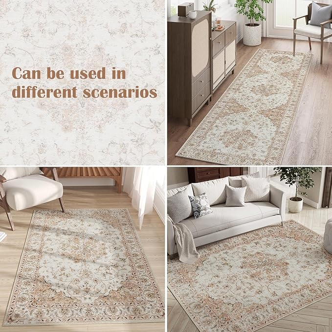 jinchan Hallway Runner Rug 2x8 Machine Washable Runner Rug with Rubber Backing Vintage Floral Non-Slip Ultra-Thin Low Pile Carpet for Kitchen Laundry Entryway Living Room Farmhouse (2x8ft,Blush)