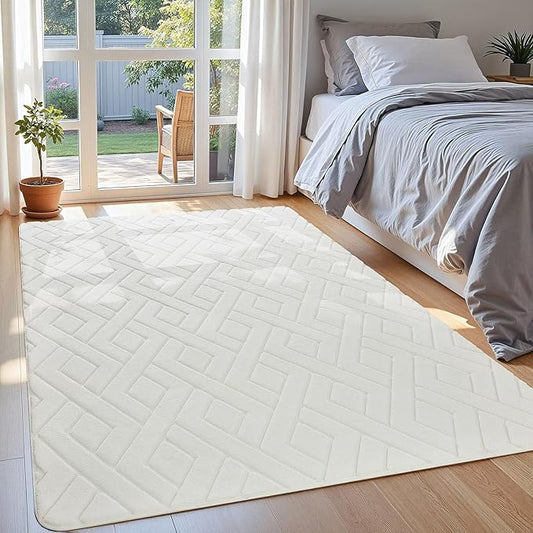 Ultra Soft Cream White Area Rug for Bedroom, 4x6 Modern Geometric Shag Rugs with Nonslip Backing for Living Room, Washable Fuzzy Carpet for Cozy Kids Room Nursery