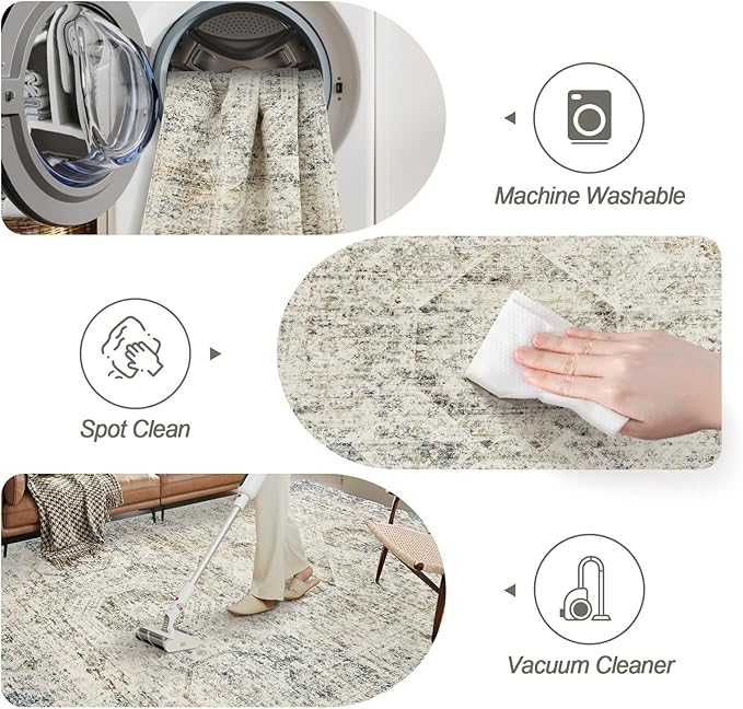 10x14 Area Rugs for Living Room, Non Slip Machine Washable Vintage Rugs, Low Pile Lightweight Large Rug for Bedroom, Dining Room, Home Office Blue Ivory