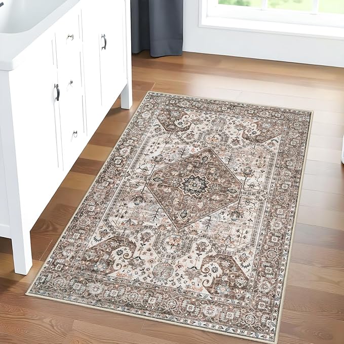 Washable 2x3 Entryway Area Rug: Vintage Non-Slip Backing Rugs for Kitchen Bathroom Water Resistant Carpet for Bedroom Soft Low Pile Front Door Mat for Dining Room 2x3 Brown