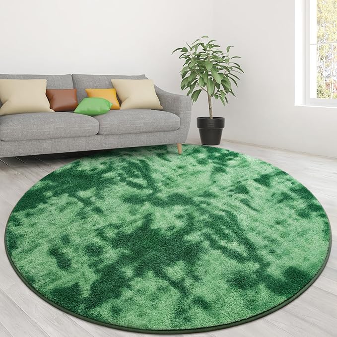 Lascpt Round Rug for Bedroom 7x7, Tie-Dyed Green Circle Rug for Living Room Super Soft Thicken Memory Foam Circular Rug, Indoor Area Rug for Modern Home Decor, Round Carpet for Nursery Kid's Room