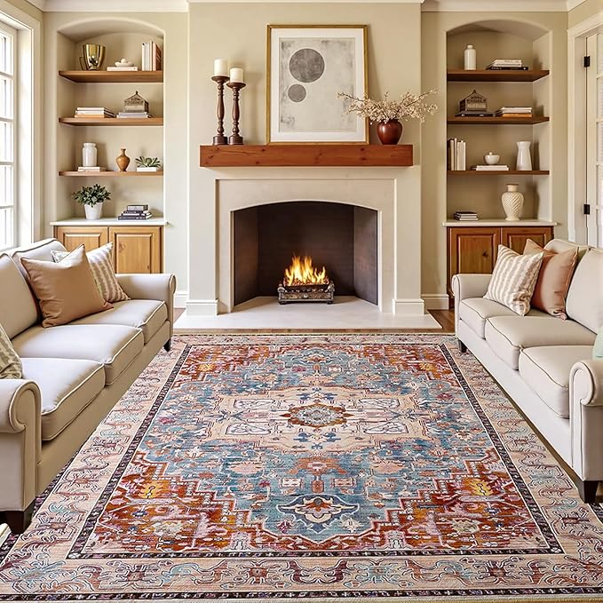 Washable Vintage Area Rugs 3x5, Low Pile Carpet, Non-Slip Distressed Rug for Bedroomn Living Room, Dining Room, Non-Slip, Low Pile, Brick Red