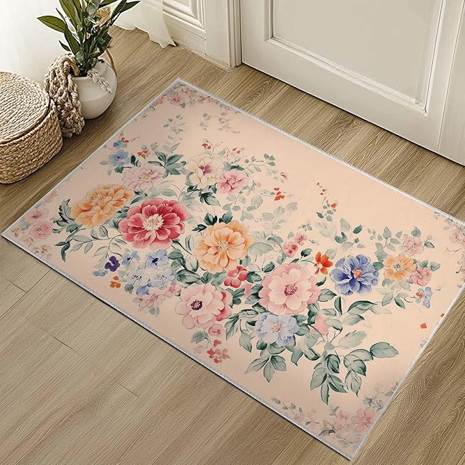 2x3 Entryway Rugs Machine Washable Area Rug Pink Blue Red Yellow Floral Boho Botanical Leaf Flower Rug Non-Slip Low Pile Door Mat Entrance Small Carpet for Home Kitchen Bathroom Bedroom