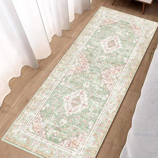 Vhong Washable Area Rugs Boho Vintage Modern Neutral Small Carpet Green and Pink High Traffic Rugs 2×6 for for Kitchen Hallway Living Room Non Slip
