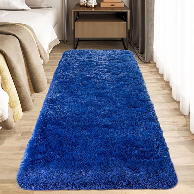 Zentavio Bedside Rugs for Boys Room 2x6 Runner Rugs for Hallway Bedroom Non Slip Fluffy Soft Shaggy Carpet for Kids Home Decor Aesthetic Dorm Nursery Navy Blue