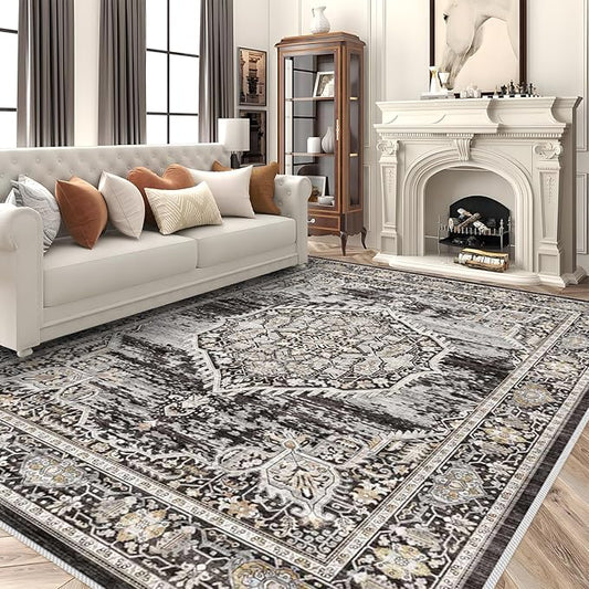 Washable Rugs 9x12 Area Rug：Large Rugs for Living Room - Oriential Distressed Printed Floral Carpet - Non Slip with Rubber Backing Area Rug 9'x12' Black