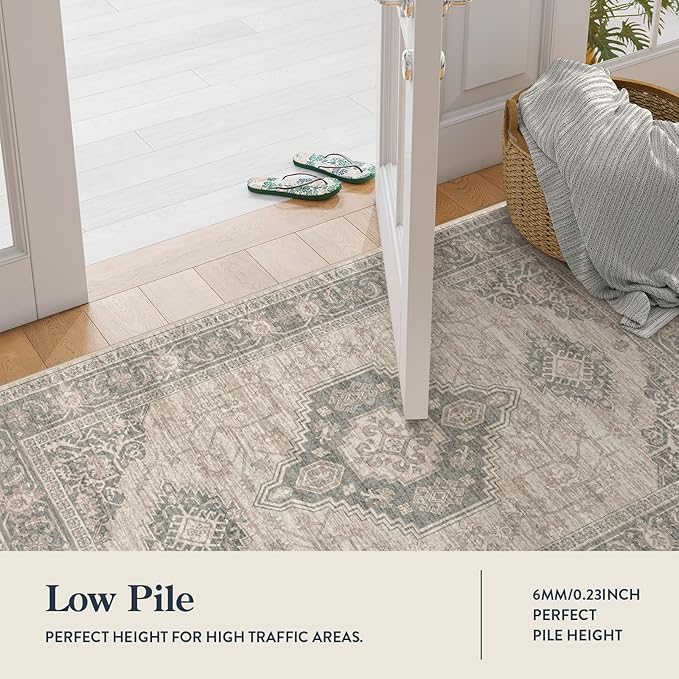 Lahome Oriental Kitchen Runner Rug, 2x6 Washable Rug Runners for Hallway 6 Feet Non Slip, Vintage Soft Long Carpet for Laundry Room Bedside Entryway, Grey/Brown
