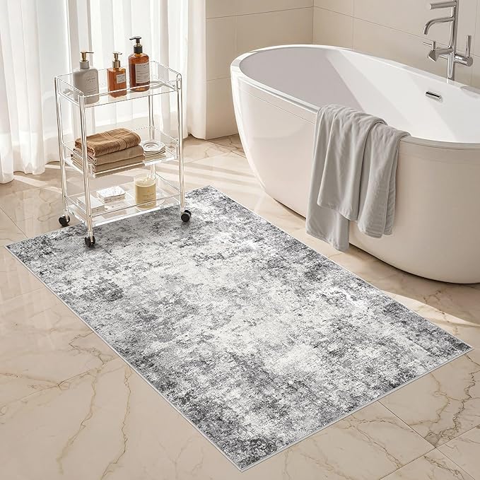 3x5 Area Rug Living Room Rugs - Washable Neutral Modern Abstract Soft Thin Rug Indoor Floor No Slip Rug Carpet for Bedroom Under Dining Table Home Office Decor - Grey