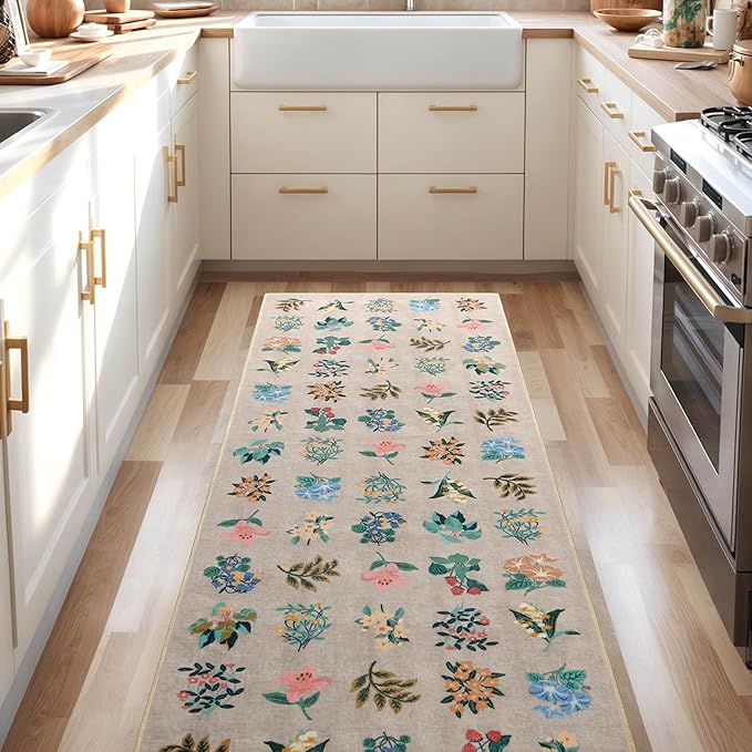 2x6 Floral Runner Rug Soft Non-Slip Machine Washable Kitchen Rug Runners for Hallway Bedroom Laundry Entrance Indoor Carpet, Beige Flower Accent Throw for Girls Room